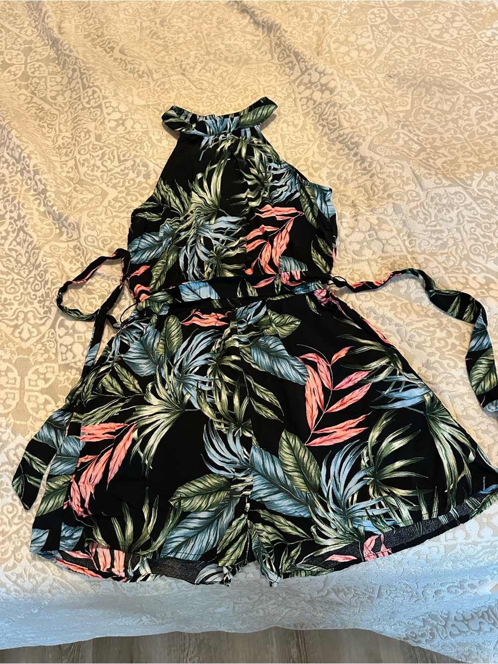 Blue Rain Black Romper with Teal & Green Leaf Motif